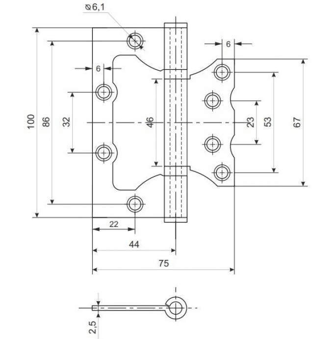Петля дверная без врезки RFH-100*75*2,5 W